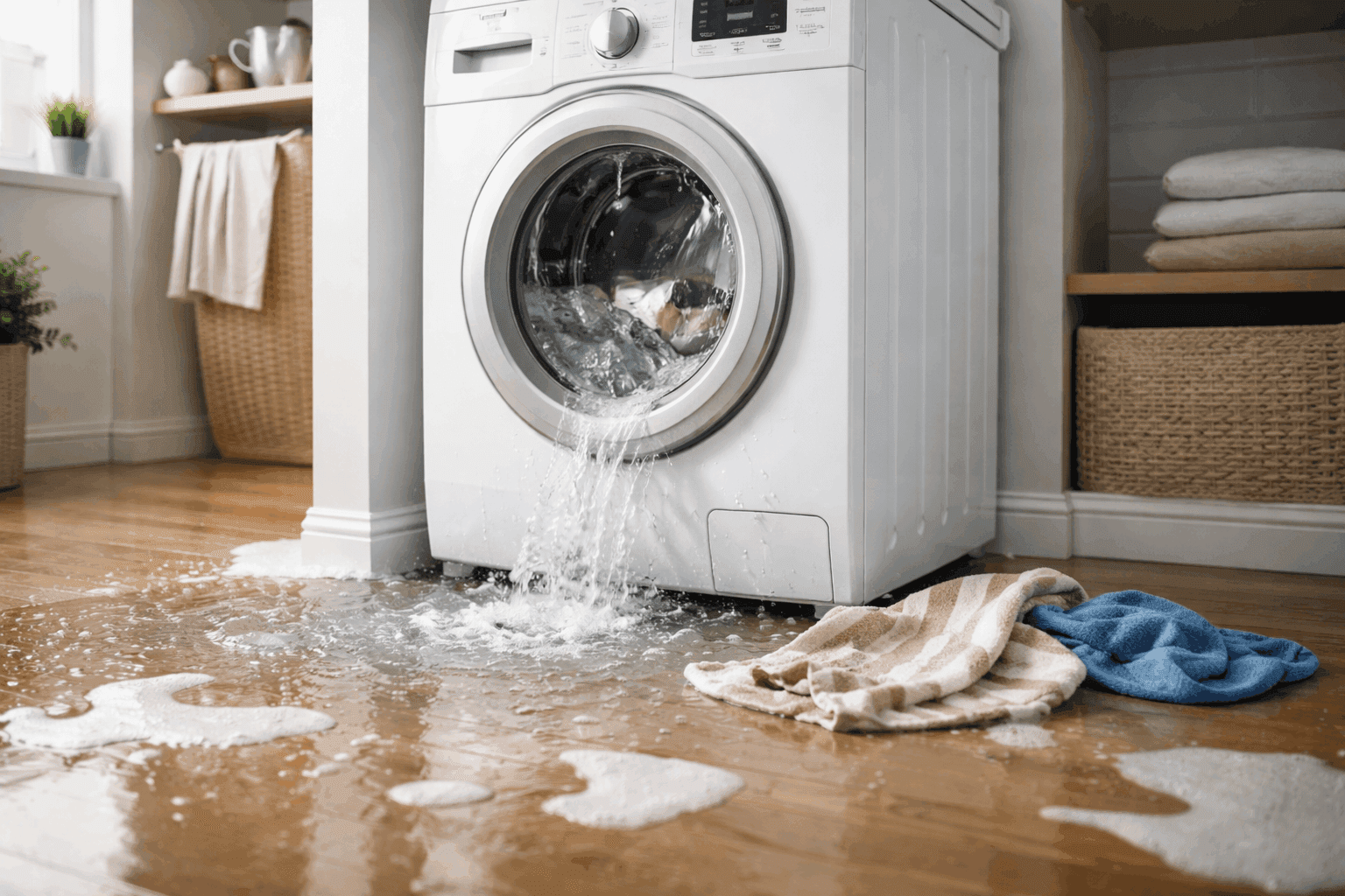 Water from a washing-machine overflow spreading across a laundry-room floor